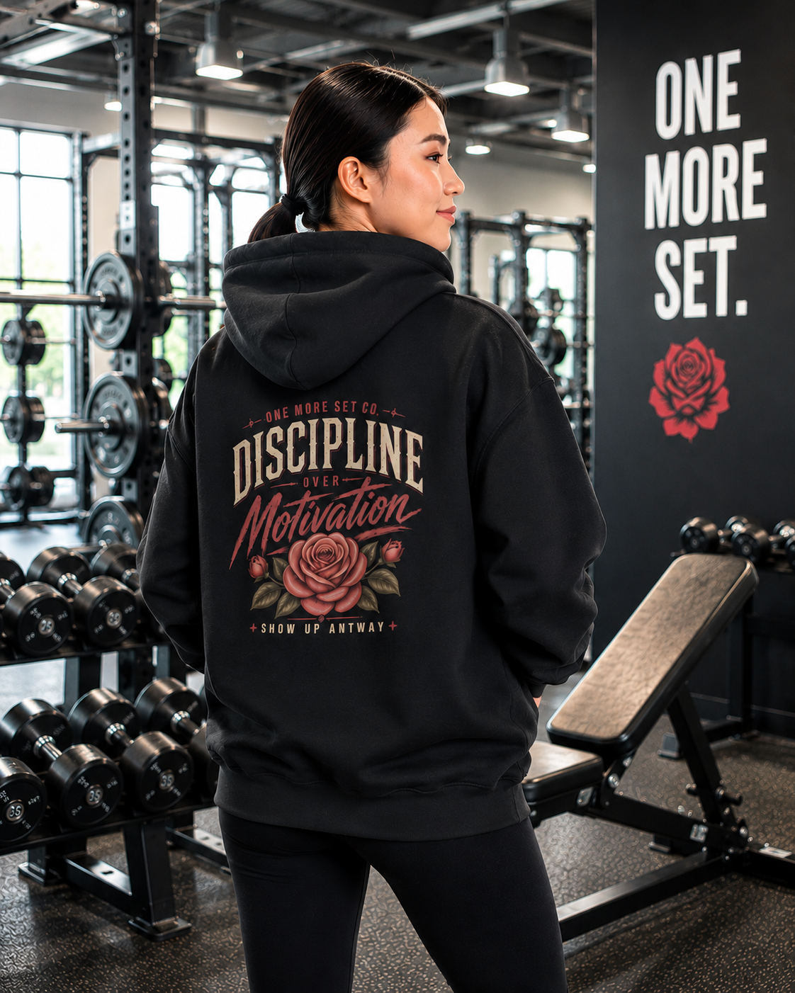 Discipline Over Motivation Hoodie — 'Show Up Anyway' Rose Graphic