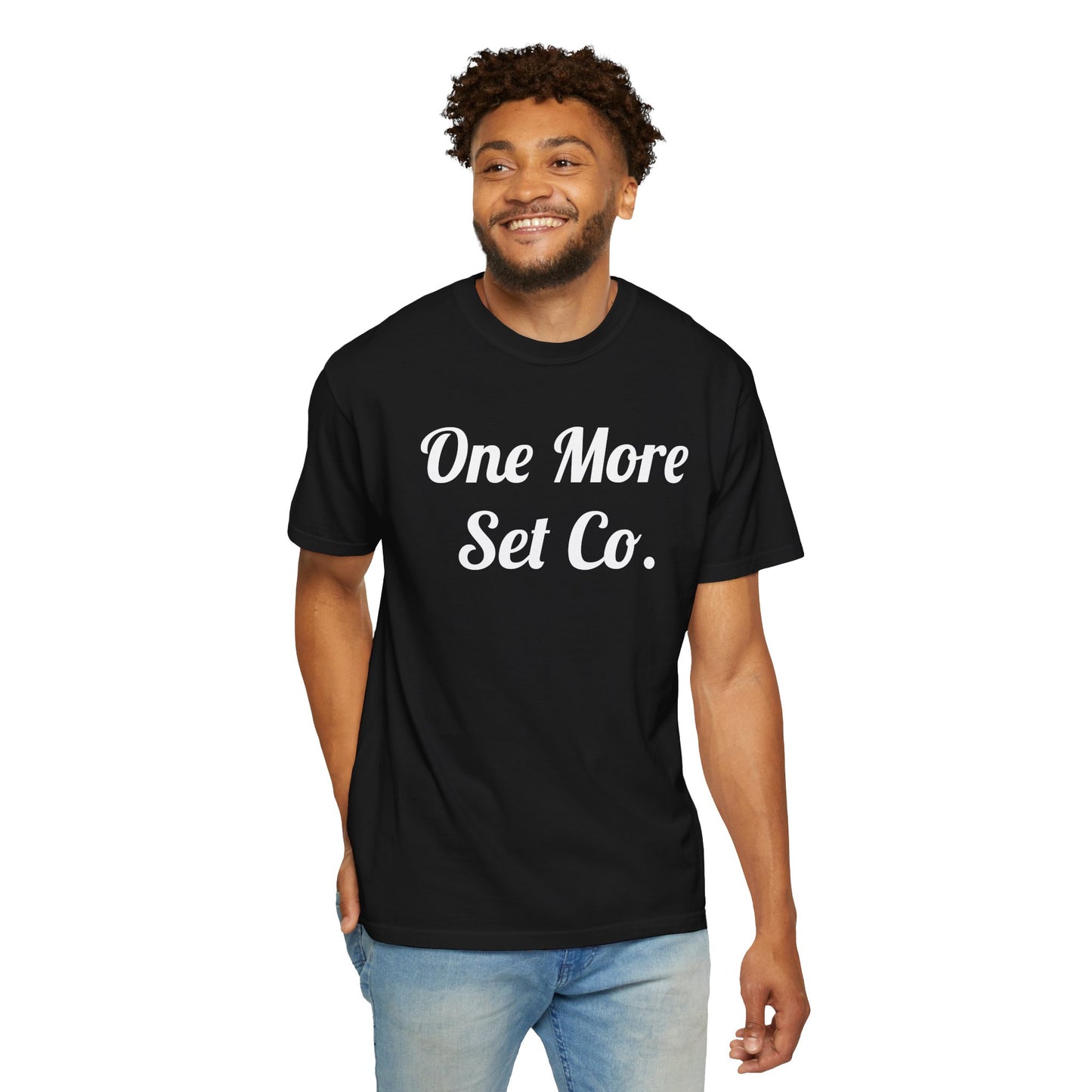 One More Set Co. Cursive Tee — Bold Script Gym T-Shirt