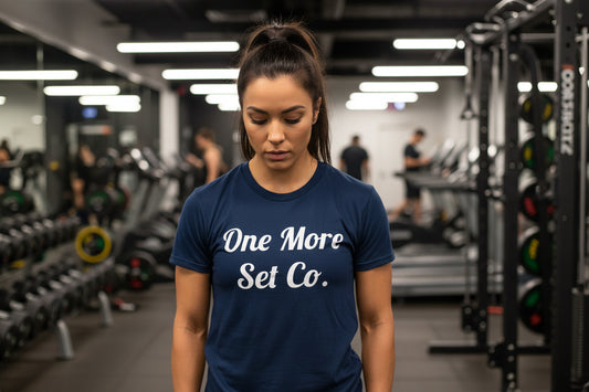 One More Set Co. Cursive Tee — Bold Script Gym T-Shirt