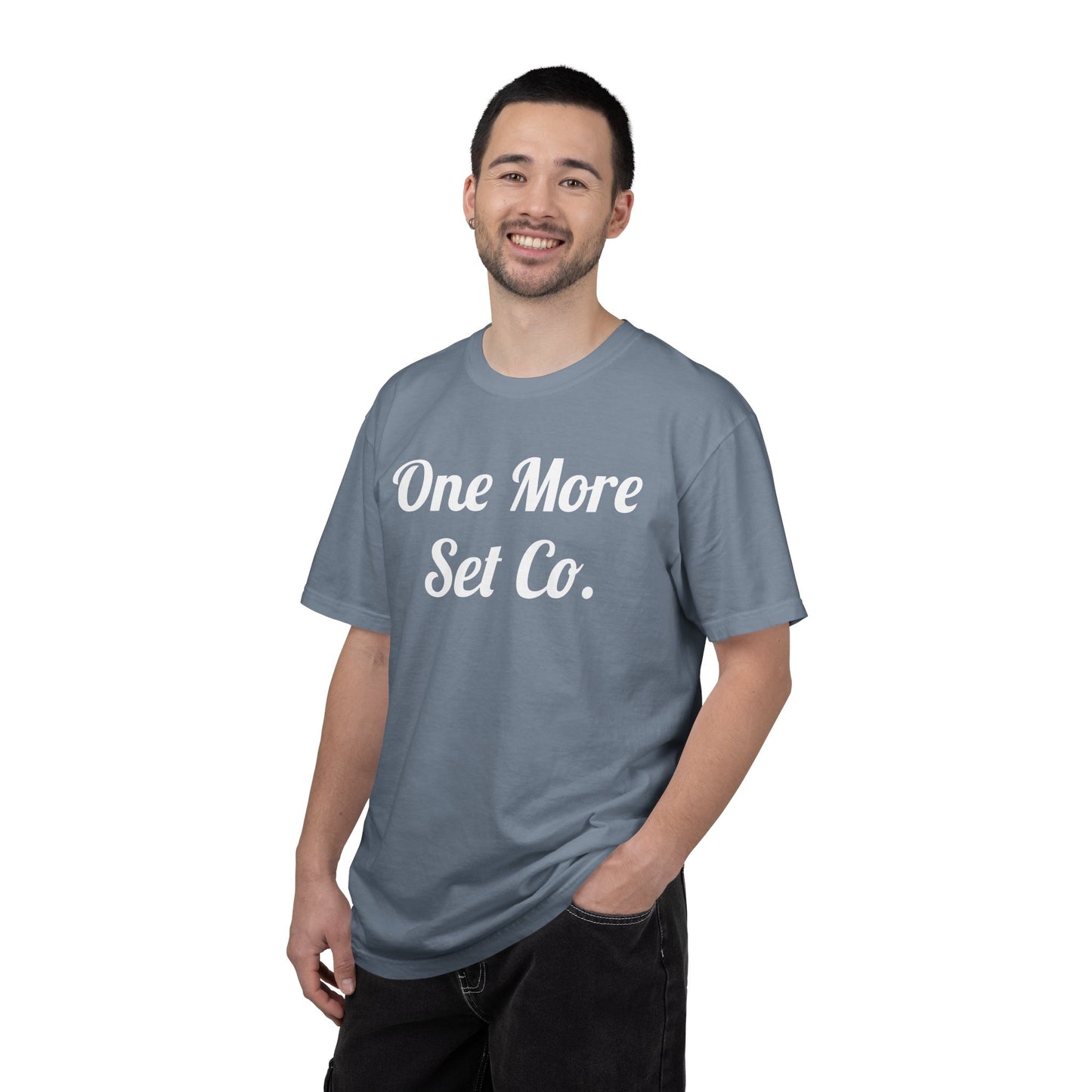 One More Set Co. Cursive Tee — Bold Script Gym T-Shirt