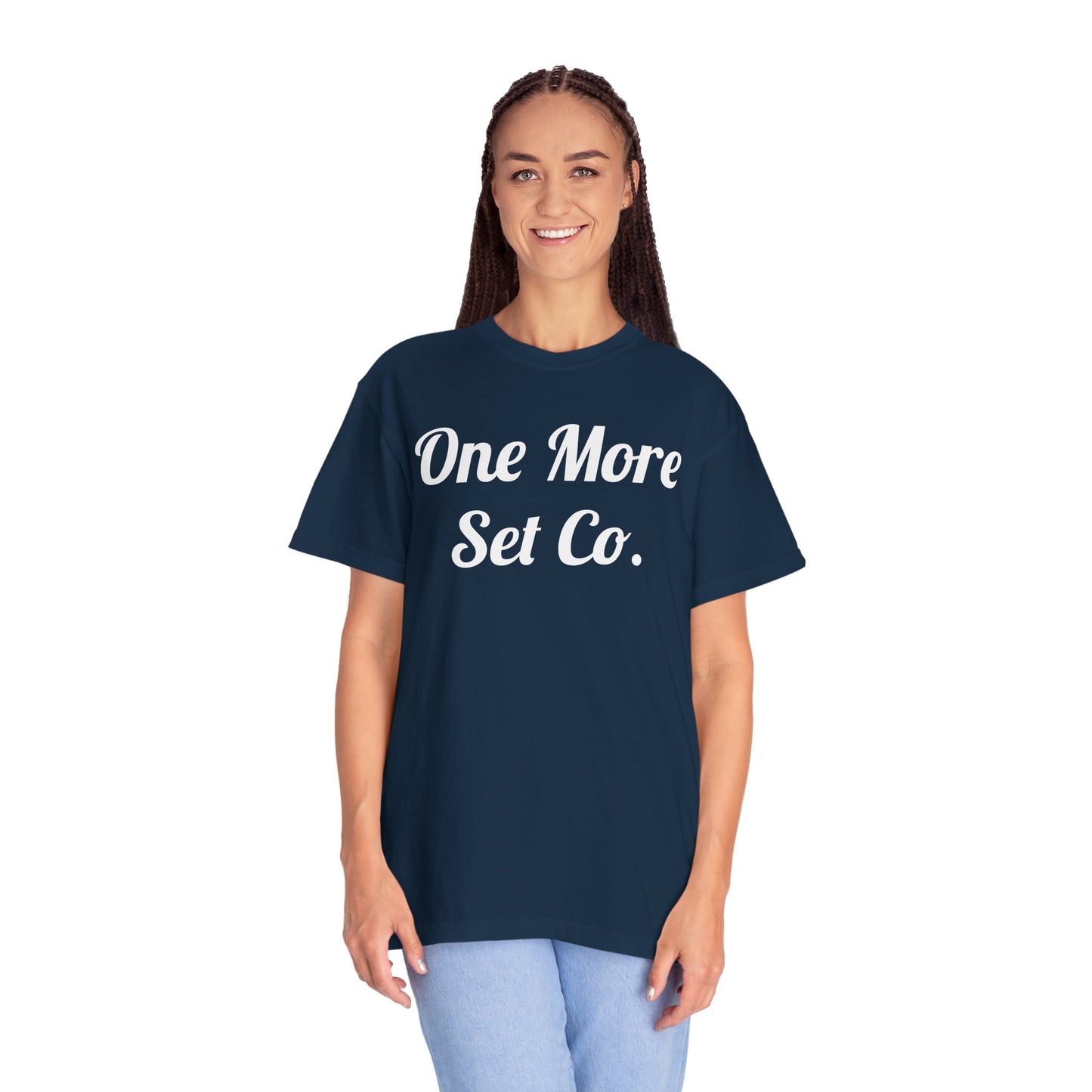 One More Set Co. Cursive Tee — Bold Script Gym T-Shirt